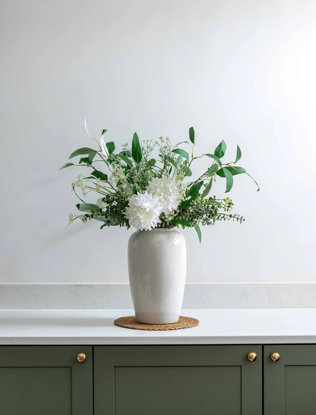 Faux Arrangement - White Dahlia & Green Foliage