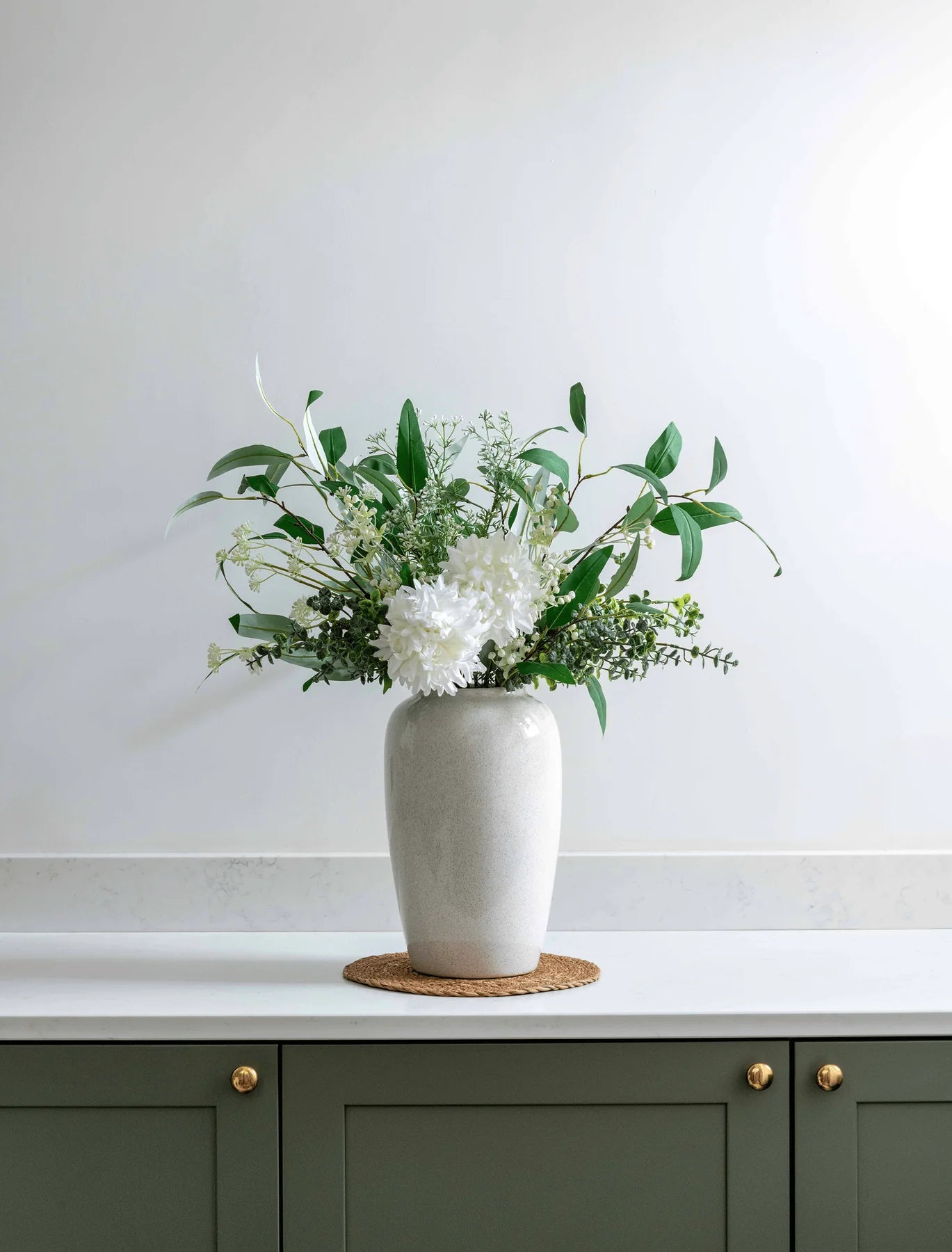 Faux Arrangement - White Dahlia & Green Foliage